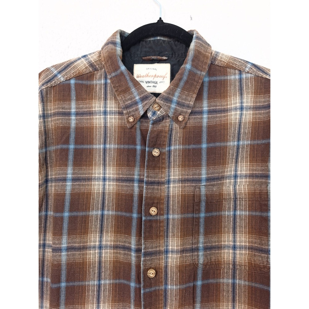 Weatherproof Vintage Mens Brown Blue Plaid Flannel Button Down Shirt - Picture 4 of 9